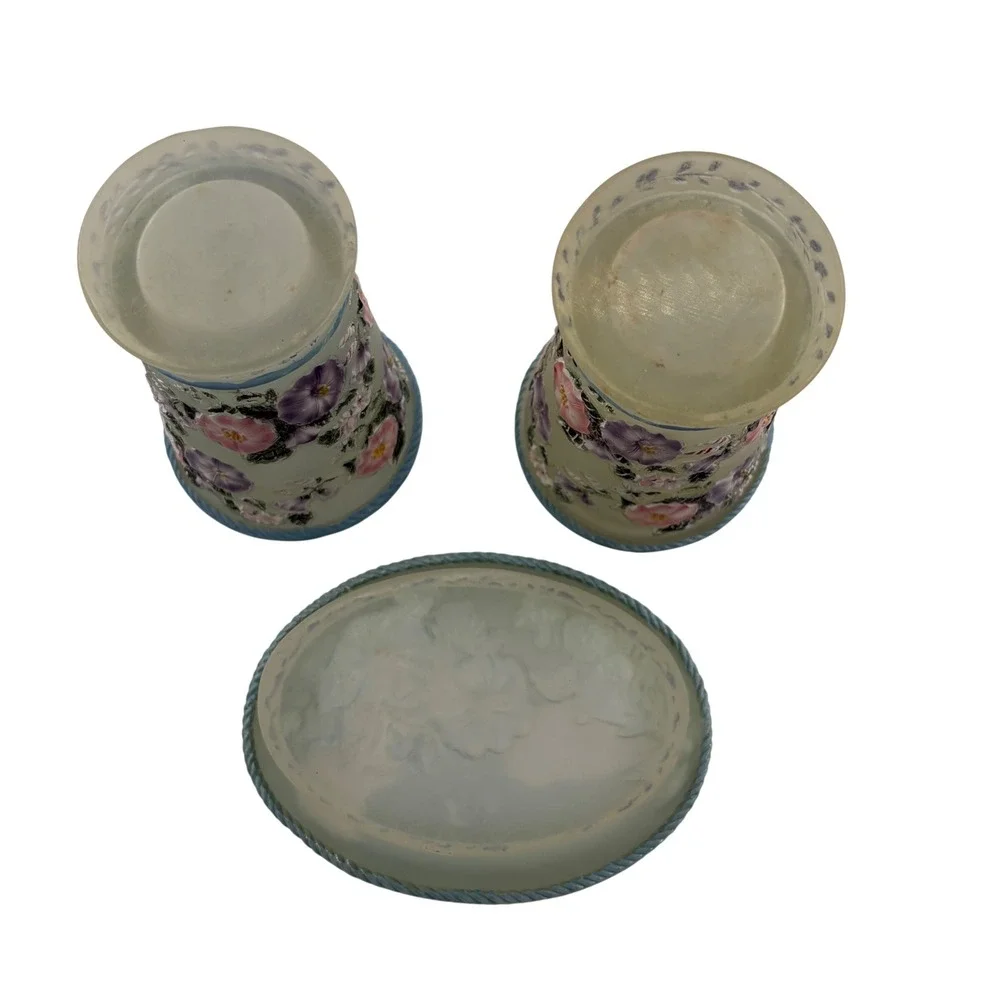 Vtg 80s Ceramic Floral Bathroom Vanity Set Toothbrush Holder Soap Dish Blue 3pc